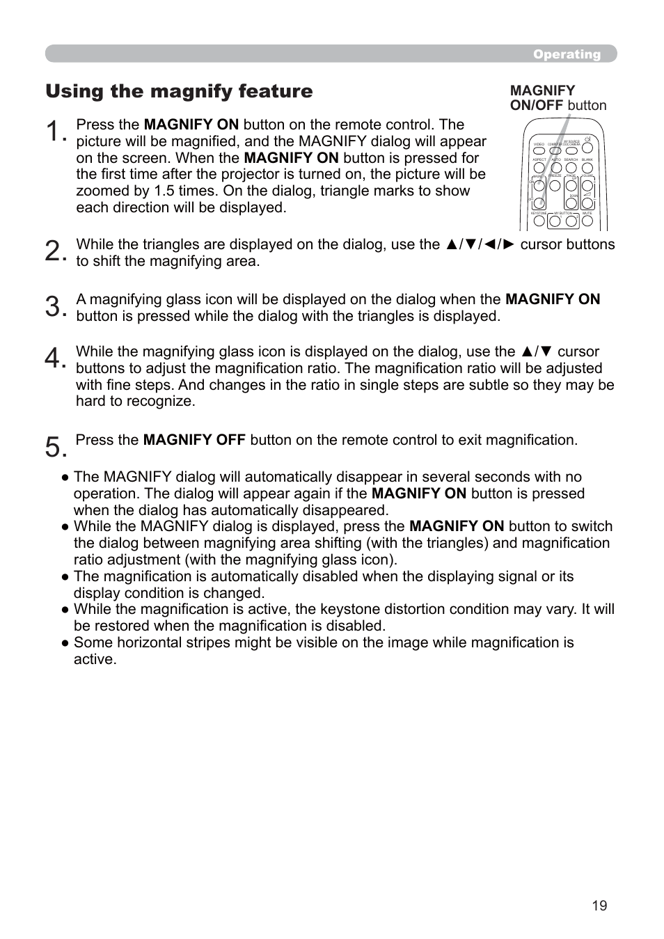 Using the magnify feature, Magnify on/off button | Hitachi CP-RX79 User Manual | Page 28 / 95