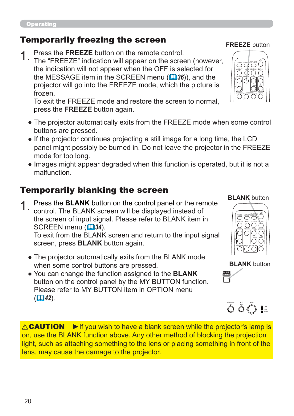 Temporarily blanking the screen, Temporarily freezing the screen, Freeze button | Blank button, Operating | Hitachi CP-RX79 User Manual | Page 29 / 95