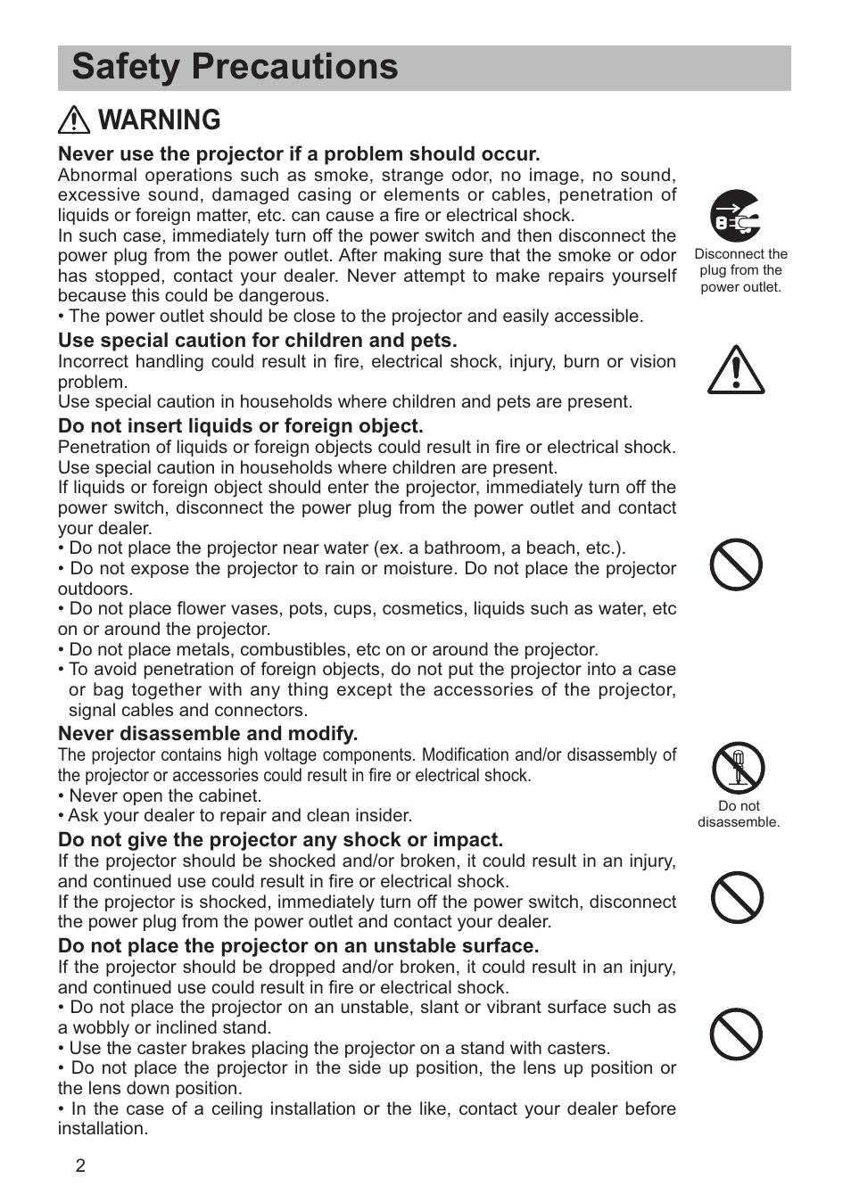 Safety precautions, Warning | Hitachi CP-RX79 User Manual | Page 3 / 95