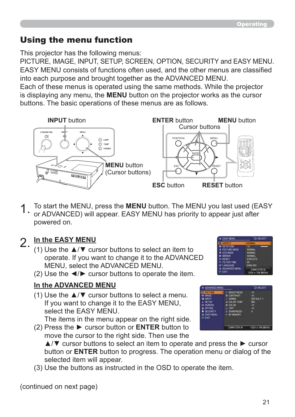 Using the menu function, Continued on next page), Input button | Operating | Hitachi CP-RX79 User Manual | Page 30 / 95