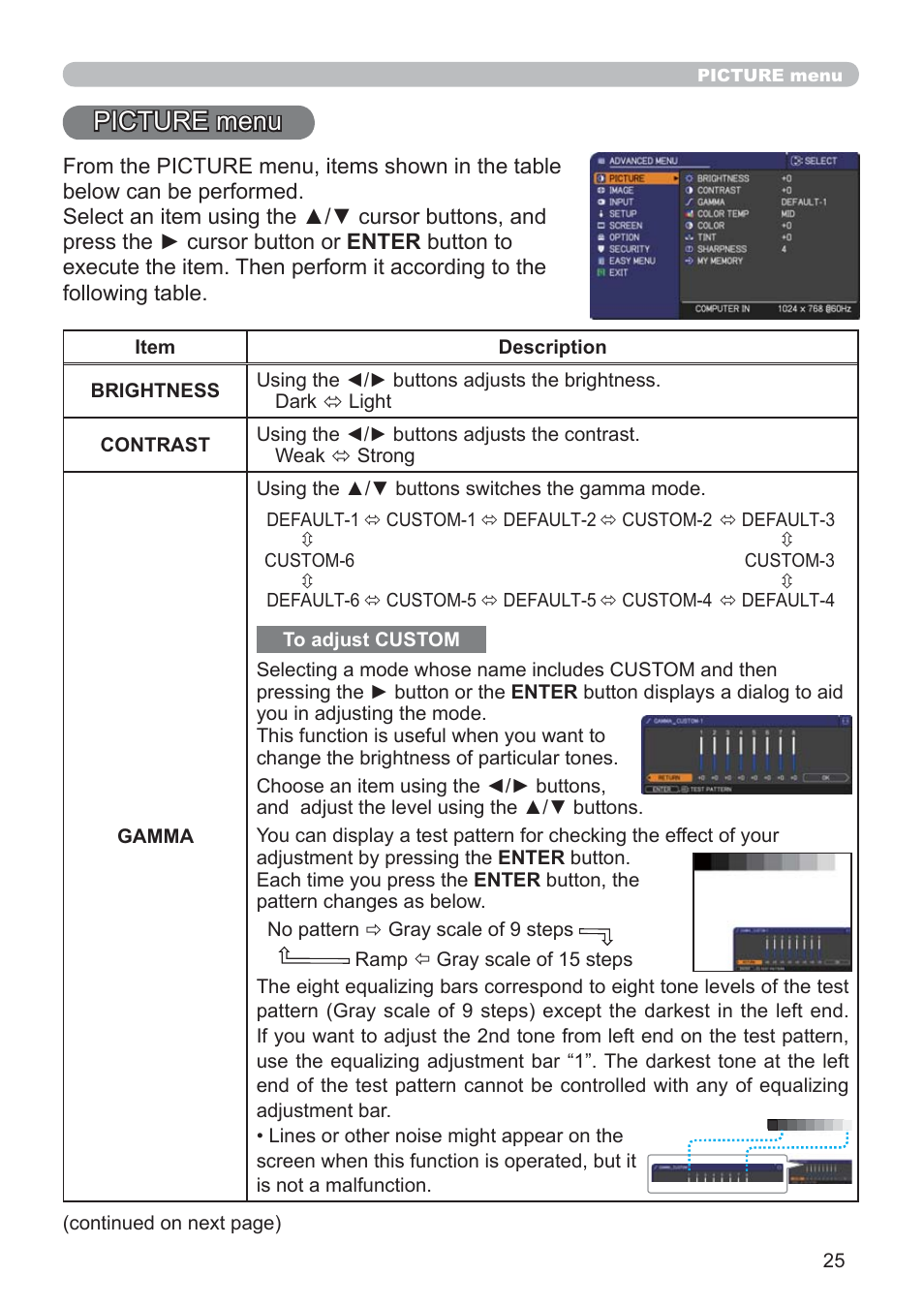 Picture menu | Hitachi CP-RX79 User Manual | Page 34 / 95