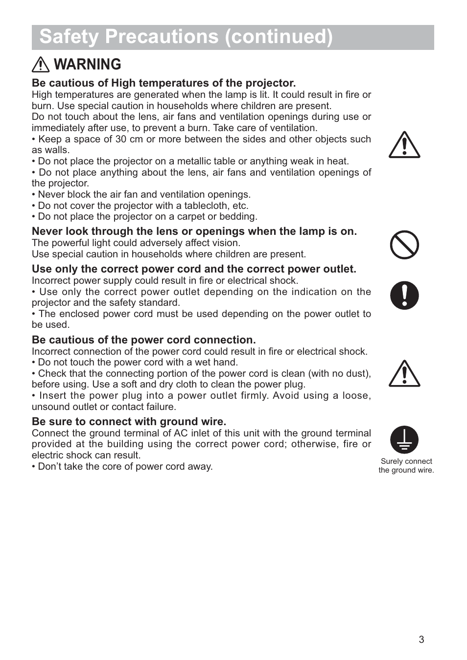 Safety precautions (continued), Warning | Hitachi CP-RX79 User Manual | Page 4 / 95