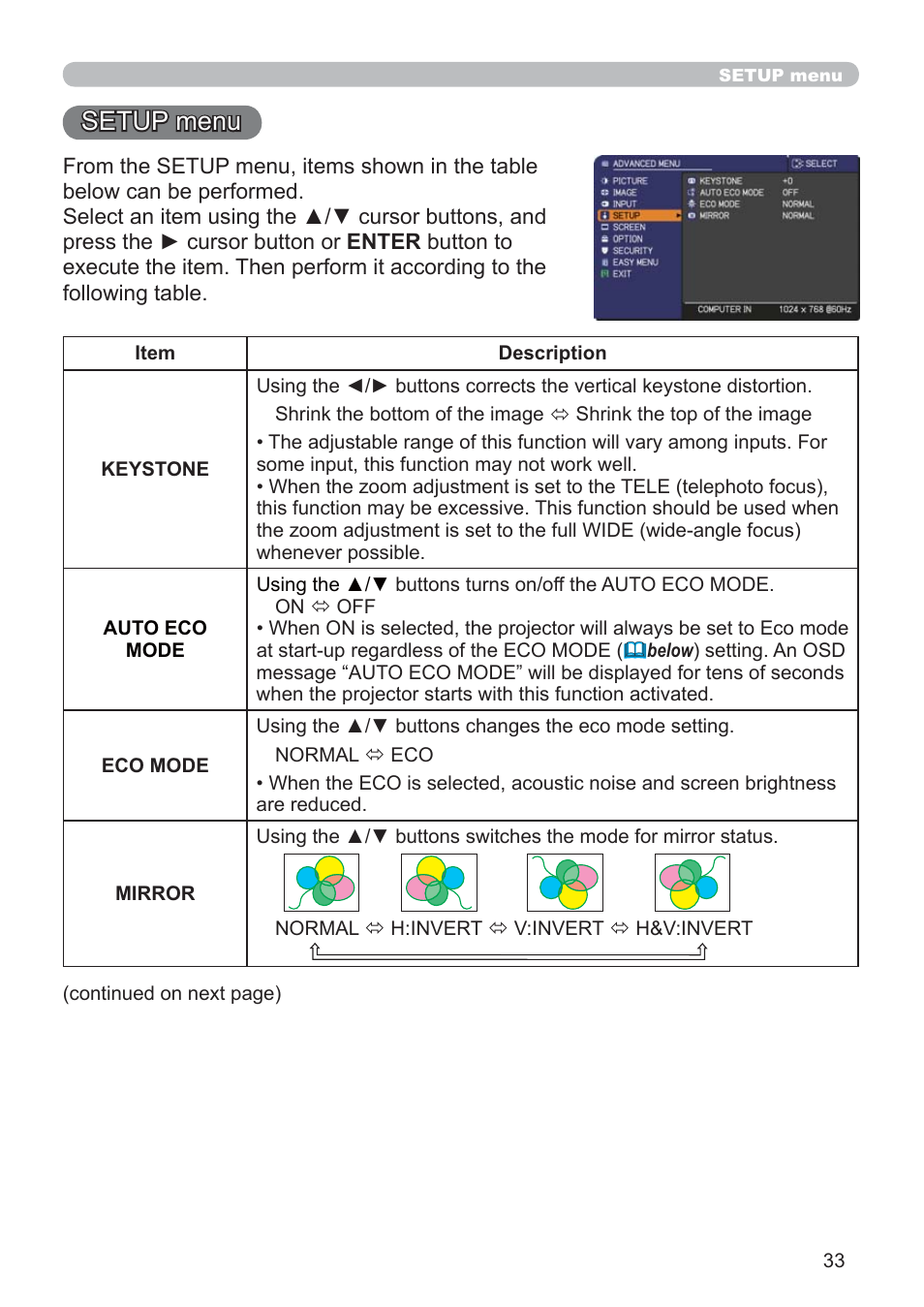 Setup menu | Hitachi CP-RX79 User Manual | Page 42 / 95