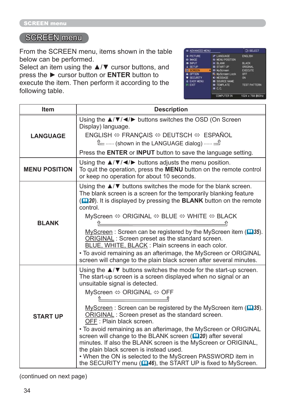 Screen menu | Hitachi CP-RX79 User Manual | Page 43 / 95