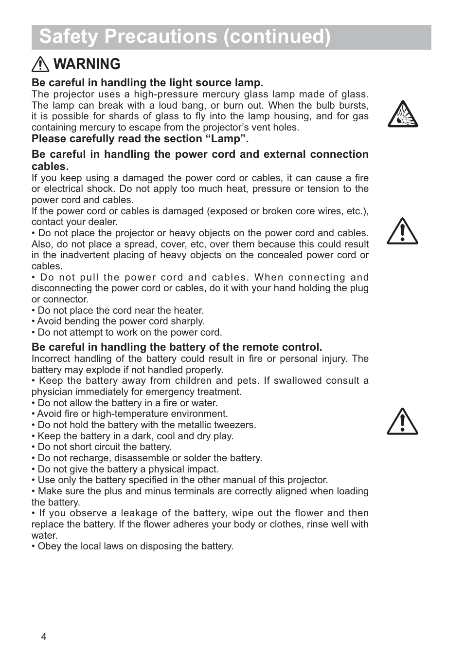 Safety precautions (continued), Warning | Hitachi CP-RX79 User Manual | Page 5 / 95