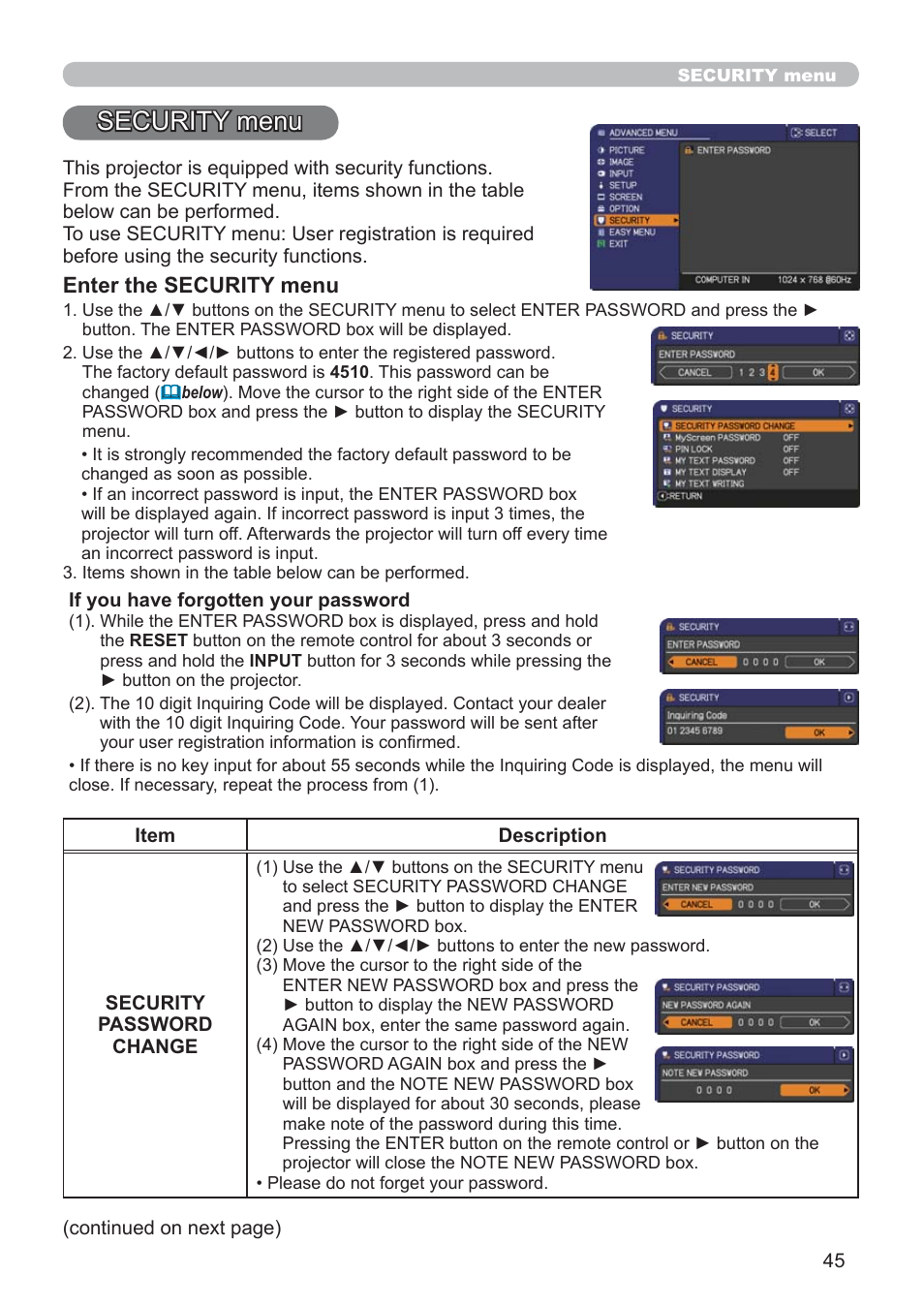 Security menu | Hitachi CP-RX79 User Manual | Page 54 / 95