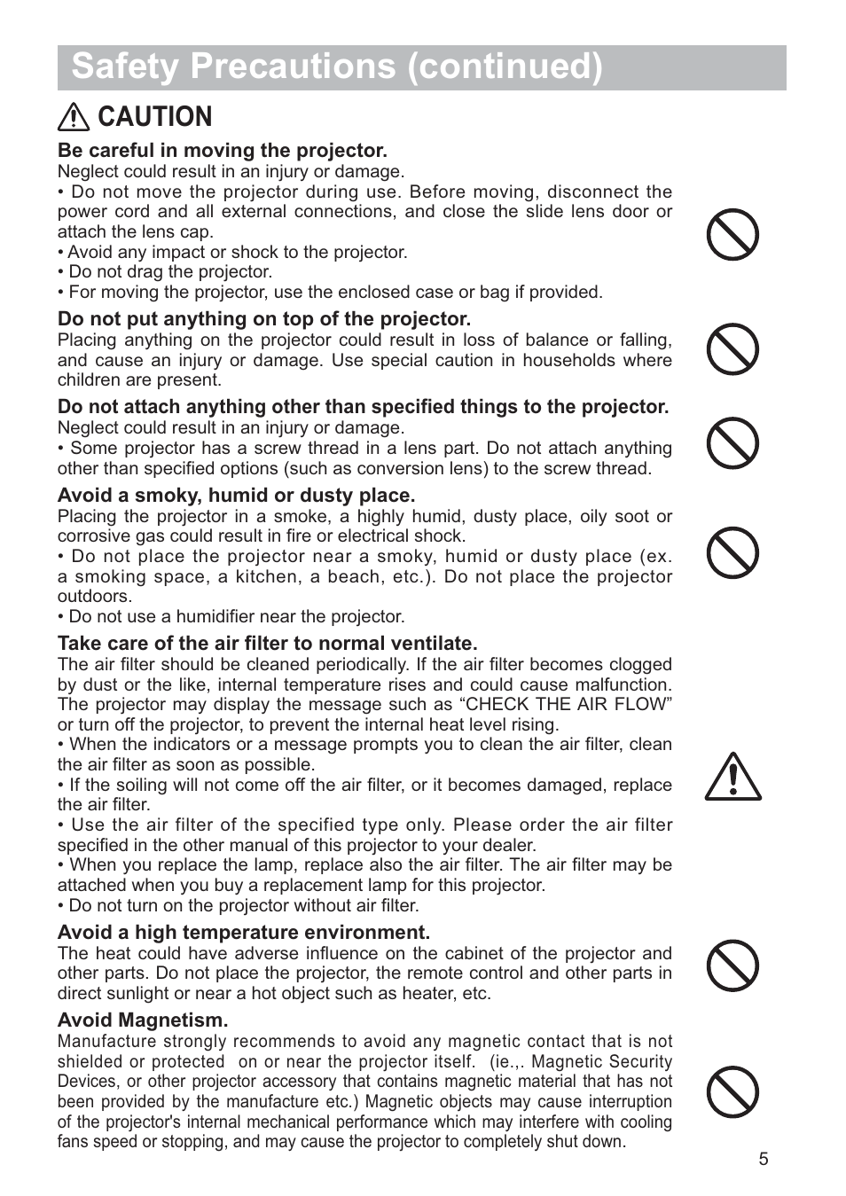 Safety precautions (continued), Caution | Hitachi CP-RX79 User Manual | Page 6 / 95