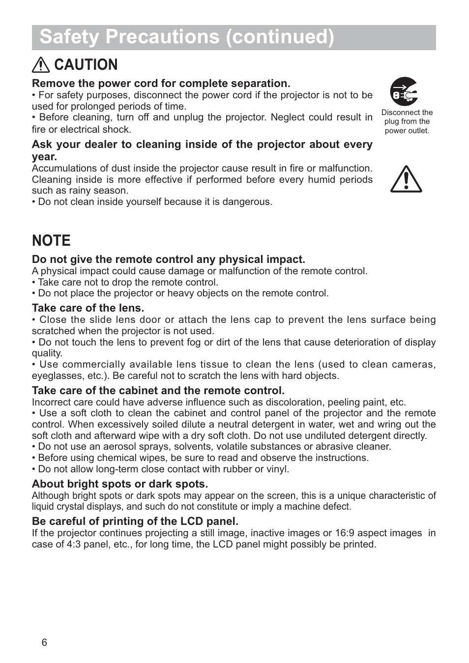 Safety precautions (continued), Caution | Hitachi CP-RX79 User Manual | Page 7 / 95