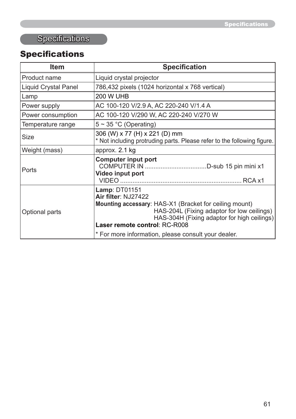 Specications specifications | Hitachi CP-RX79 User Manual | Page 70 / 95