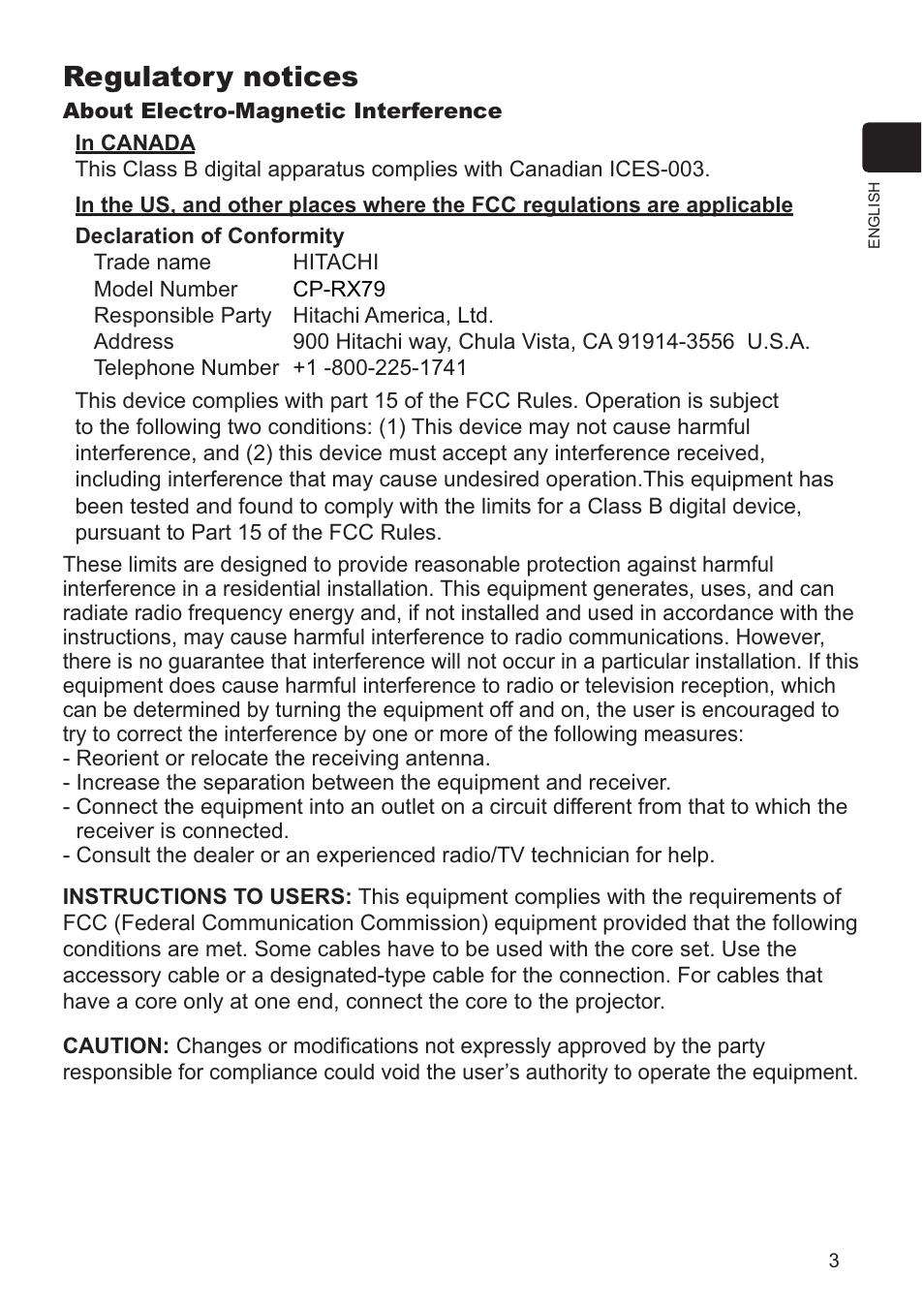 Regulatory notices | Hitachi CP-RX79 User Manual | Page 75 / 95