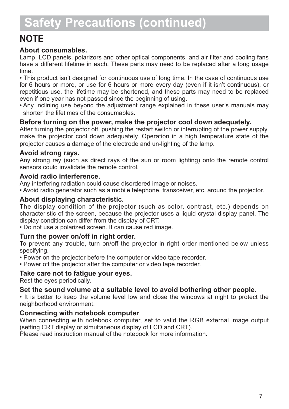 Safety precautions (continued) | Hitachi CP-RX79 User Manual | Page 8 / 95