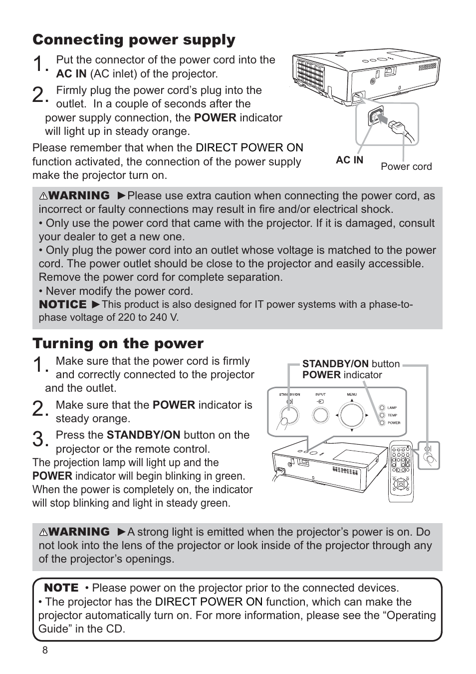 Connecting power supply, Turning on the power | Hitachi CP-RX79 User Manual | Page 80 / 95