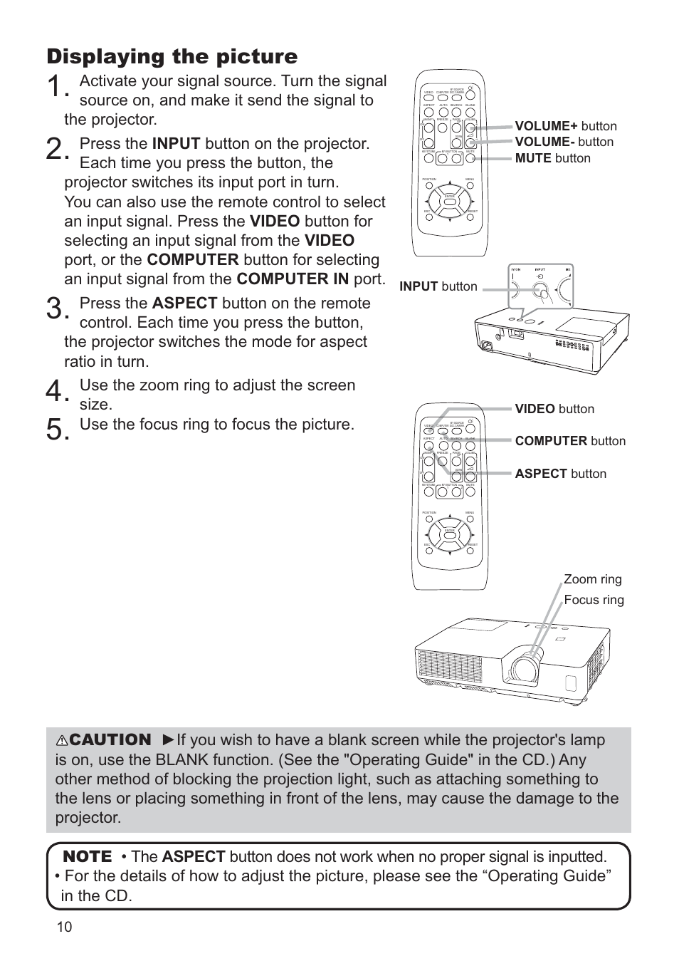 Displaying the picture, Use the zoom ring to adjust the screen size, Use the focus ring to focus the picture | Zoom ring focus ring, Input button | Hitachi CP-RX79 User Manual | Page 82 / 95