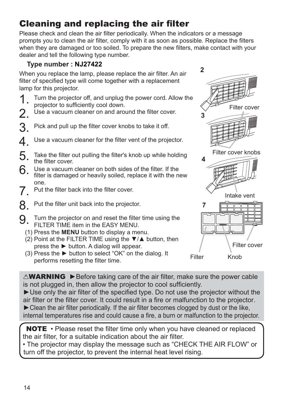 Cleaning and replacing the air filter | Hitachi CP-RX79 User Manual | Page 86 / 95