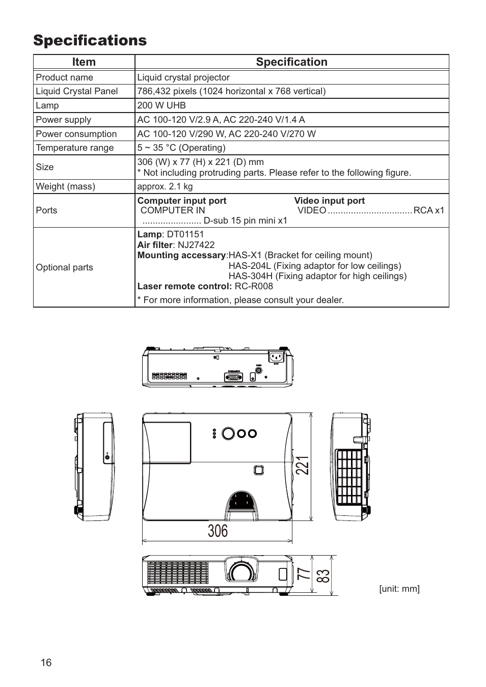 Specifications | Hitachi CP-RX79 User Manual | Page 88 / 95