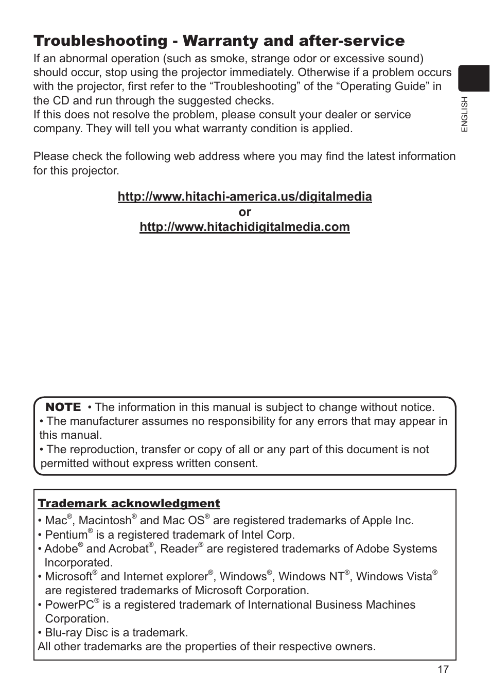 Troubleshooting - warranty and after-service | Hitachi CP-RX79 User Manual | Page 89 / 95