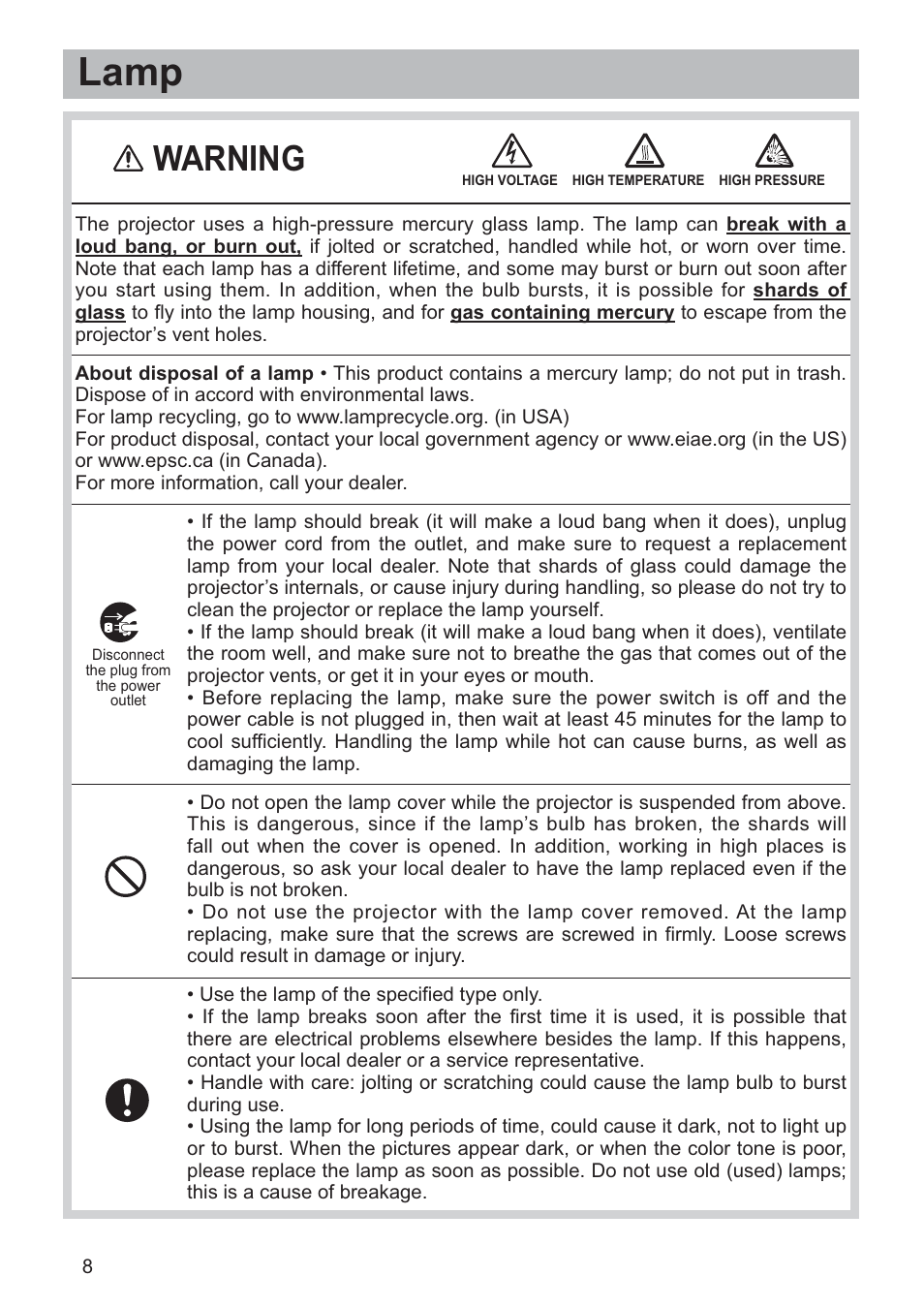 Lamp, Warning | Hitachi CP-RX79 User Manual | Page 9 / 95