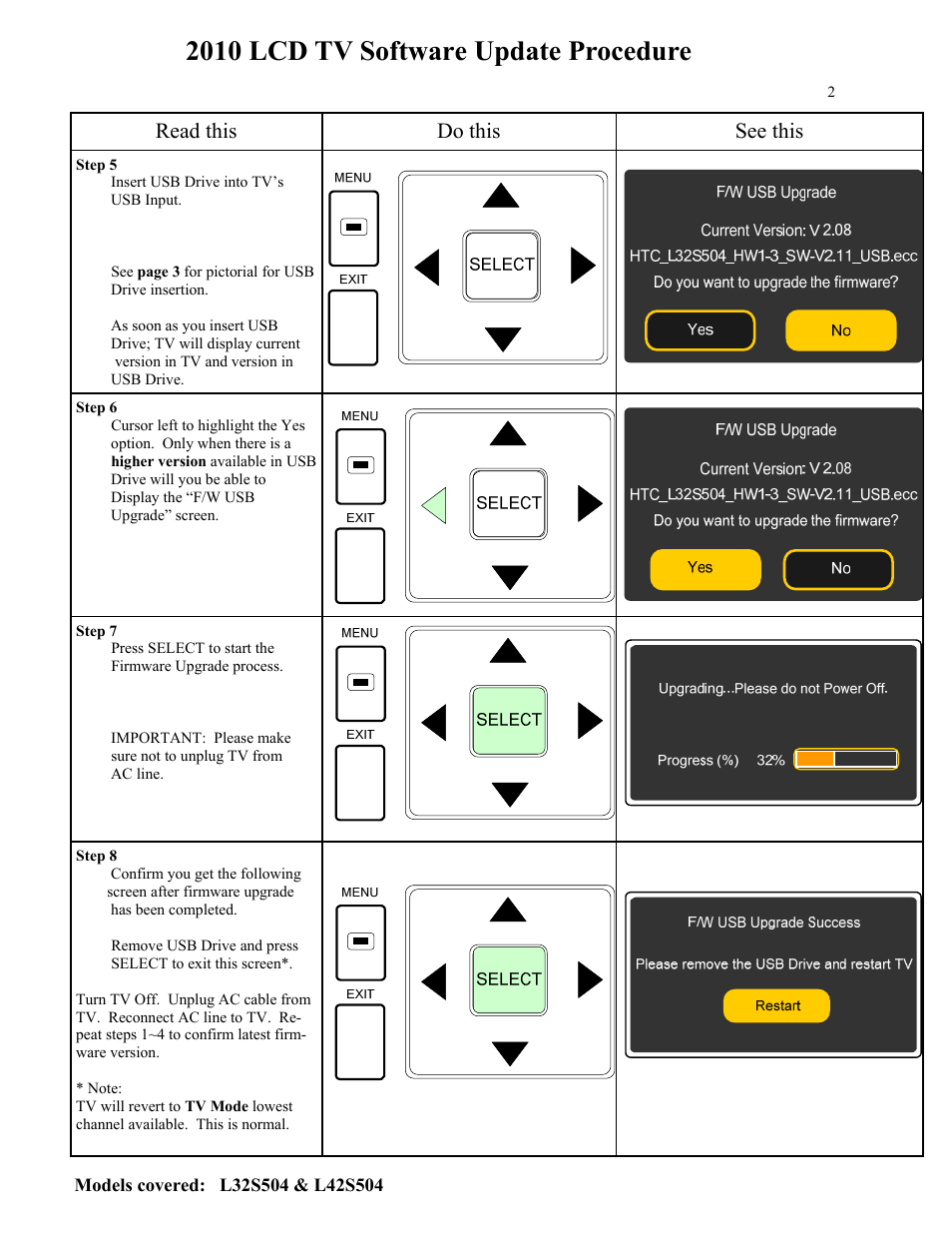 2010 lcd tv software update procedure, Read this do this see this | Hitachi L32S504 User Manual | Page 2 / 3