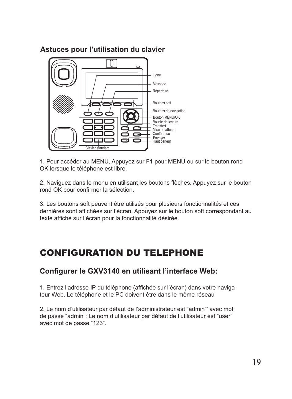 Configuration du telephone, Astuces pour l’utilisation du clavier, Configurer le gxv3140 en utilisant l’interface web | Hitachi GXV3140 User Manual | Page 20 / 22