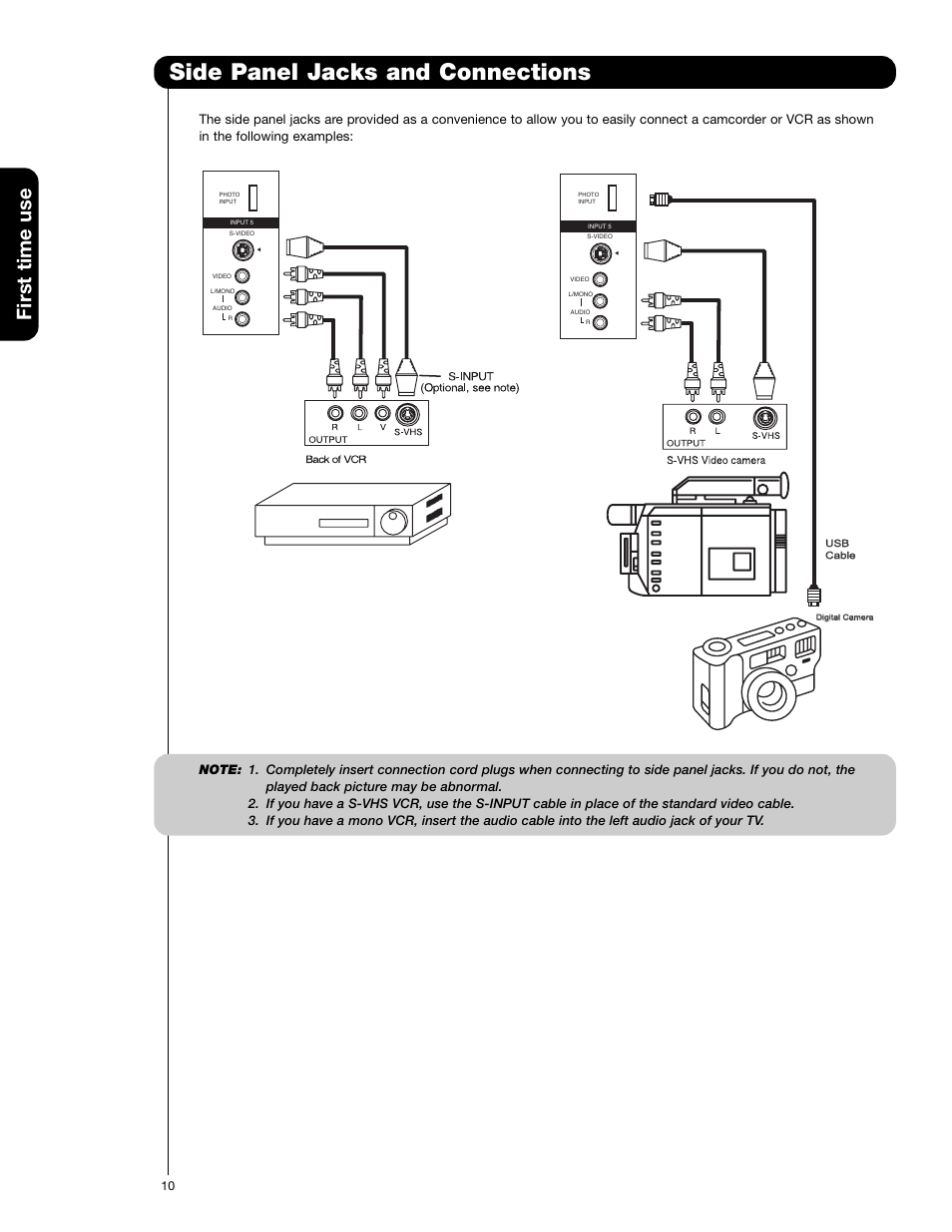 Side panel jacks and connections, First time use | Hitachi 50VG825 User Manual | Page 10 / 104