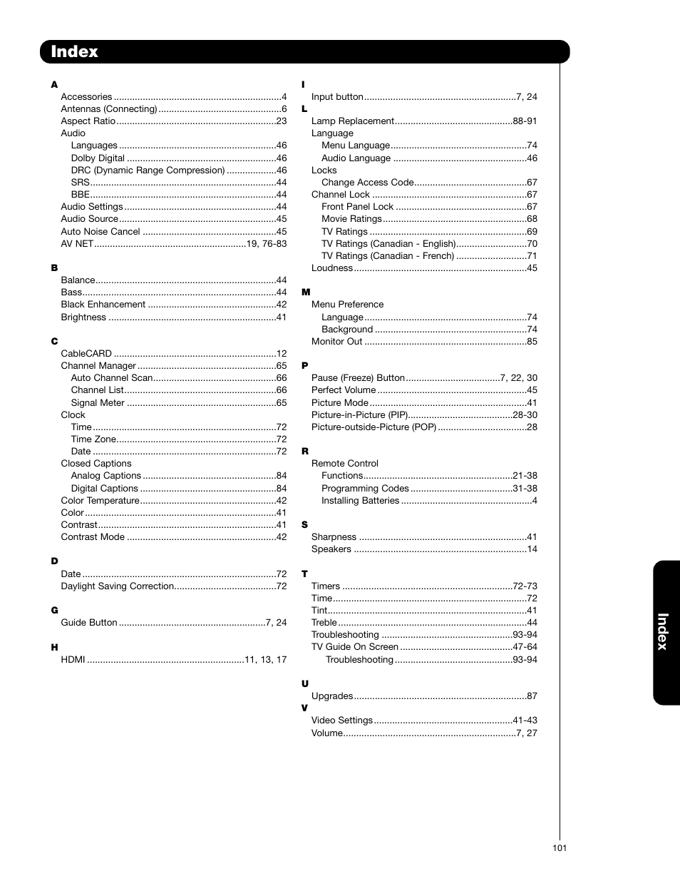 Index | Hitachi 50VG825 User Manual | Page 101 / 104