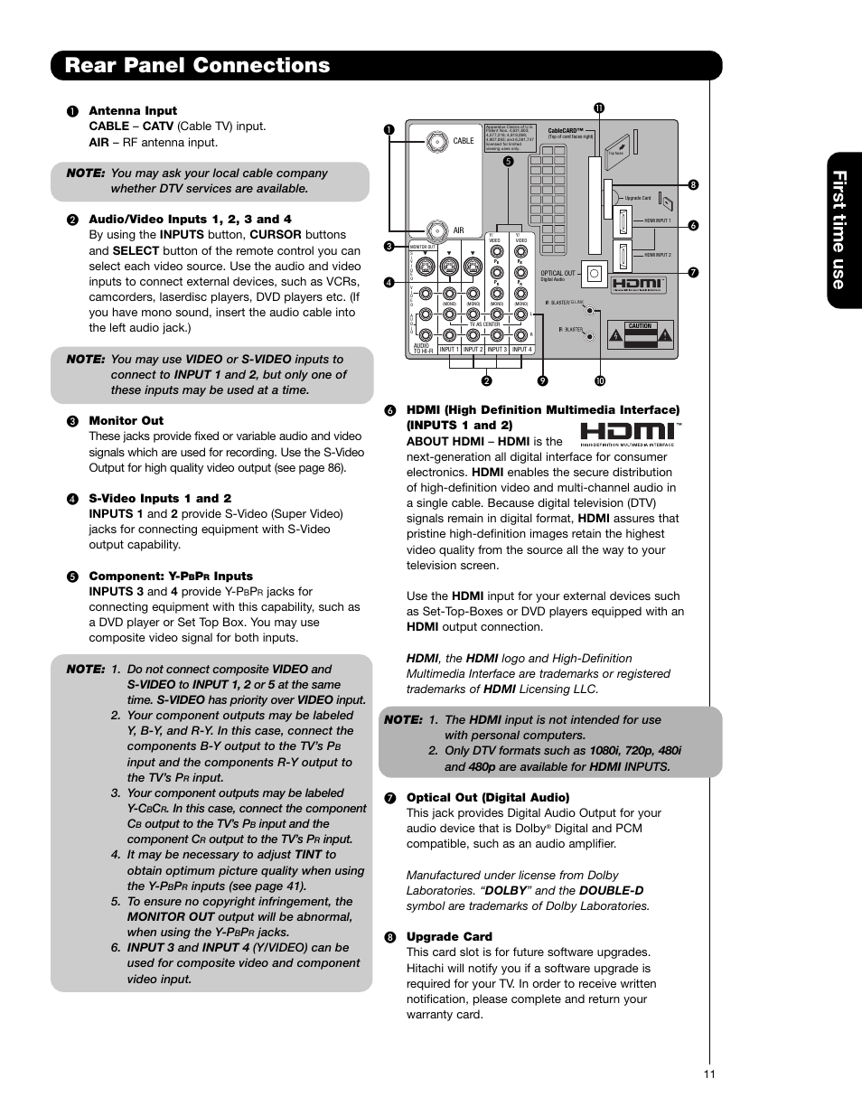 Rear panel connections, First time use, Inputs inputs 3 and 4 provide y-p | Input and the components r-y output to the tv’s p, Output to the tv’s p, Input and the component c | Hitachi 50VG825 User Manual | Page 11 / 104