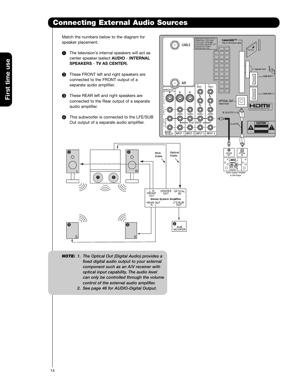 Connecting external audio sources, First time use | Hitachi 50VG825 User Manual | Page 14 / 104
