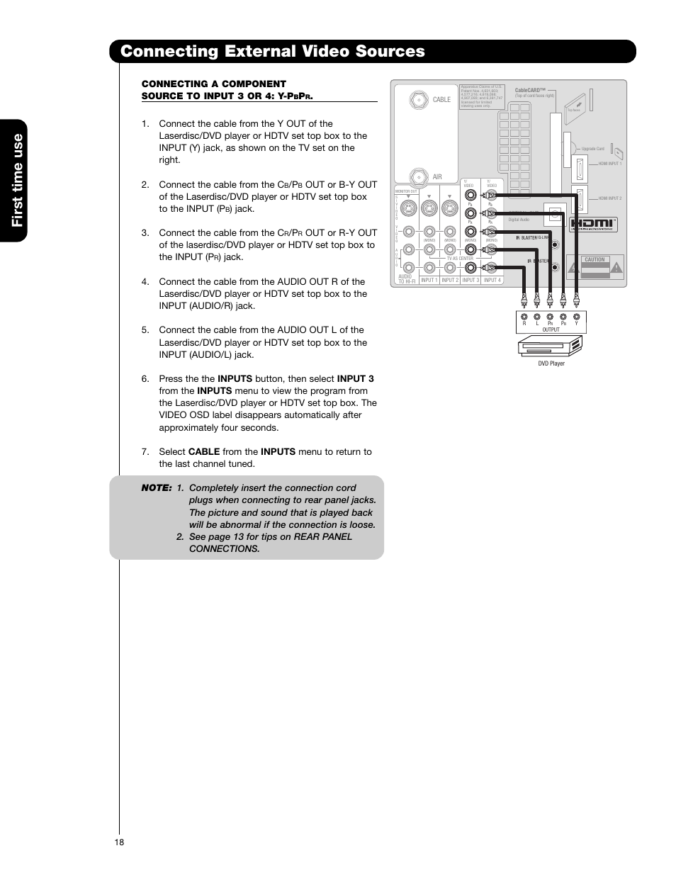 Connecting external video sources, First time use, Connecting a component source to input 3 or 4: y-p | Jack. 3. connect the cable from the c | Hitachi 50VG825 User Manual | Page 18 / 104