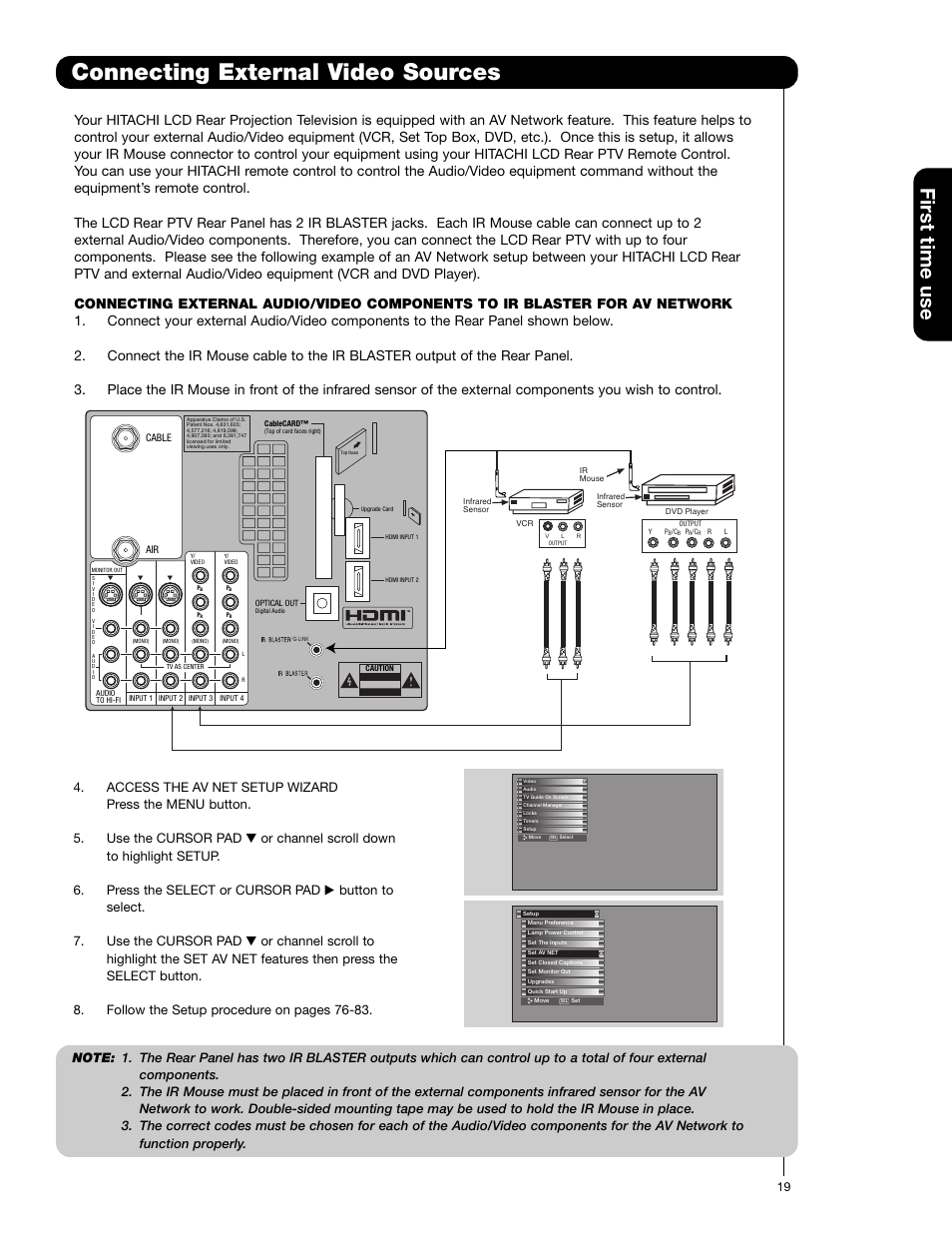 Connecting external video sources, First time use | Hitachi 50VG825 User Manual | Page 19 / 104