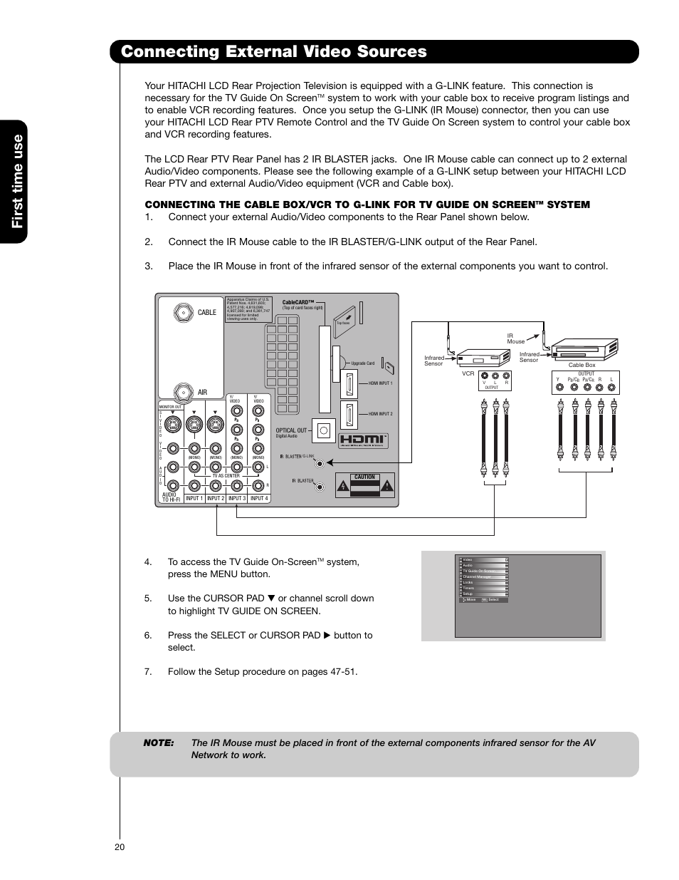 Connecting external video sources, First time use | Hitachi 50VG825 User Manual | Page 20 / 104