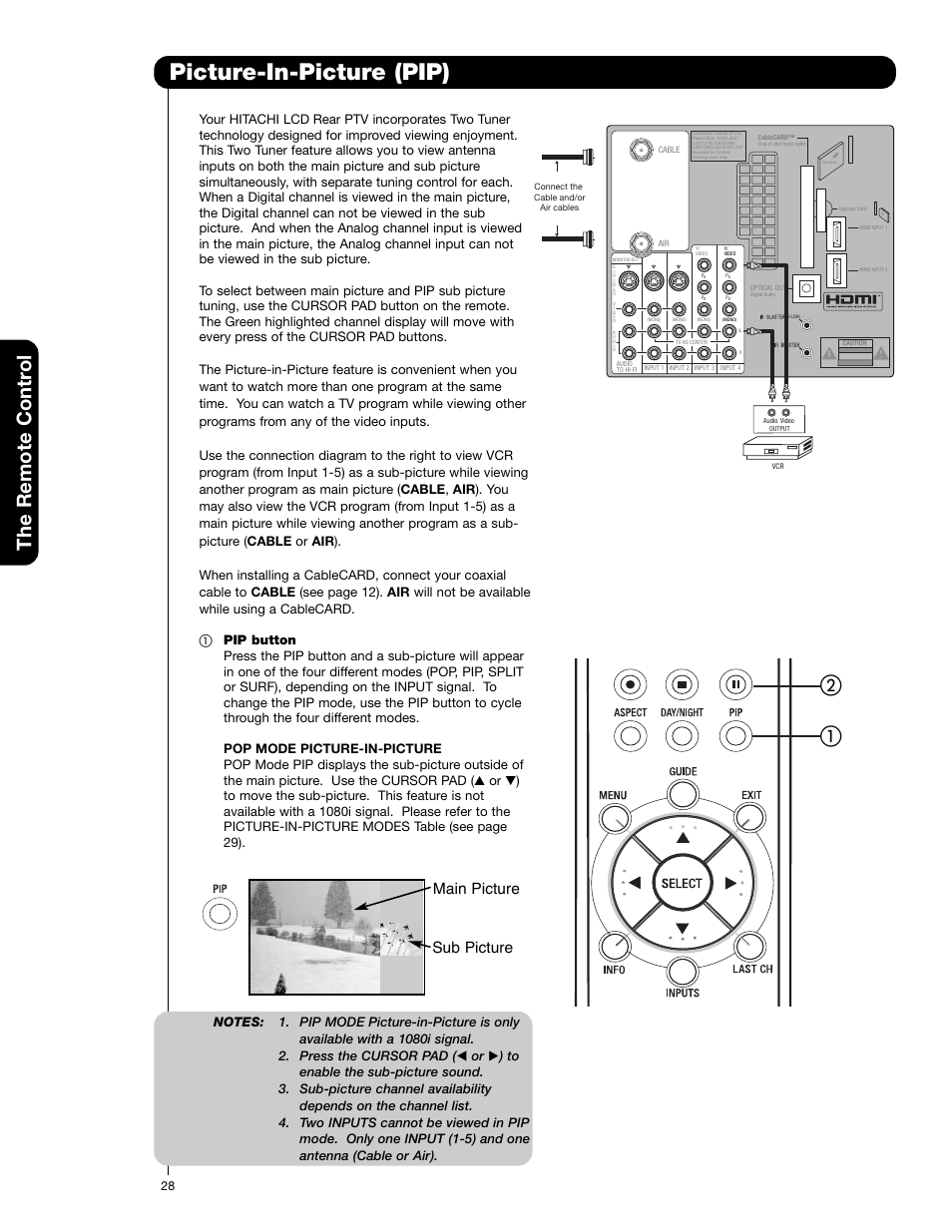 Picture-in-picture (pip), The remote contr o l, Main picture sub picture | Hitachi 50VG825 User Manual | Page 28 / 104