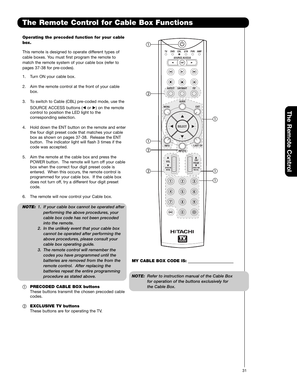 The remote control for cable box functions, The remote contr o l | Hitachi 50VG825 User Manual | Page 31 / 104
