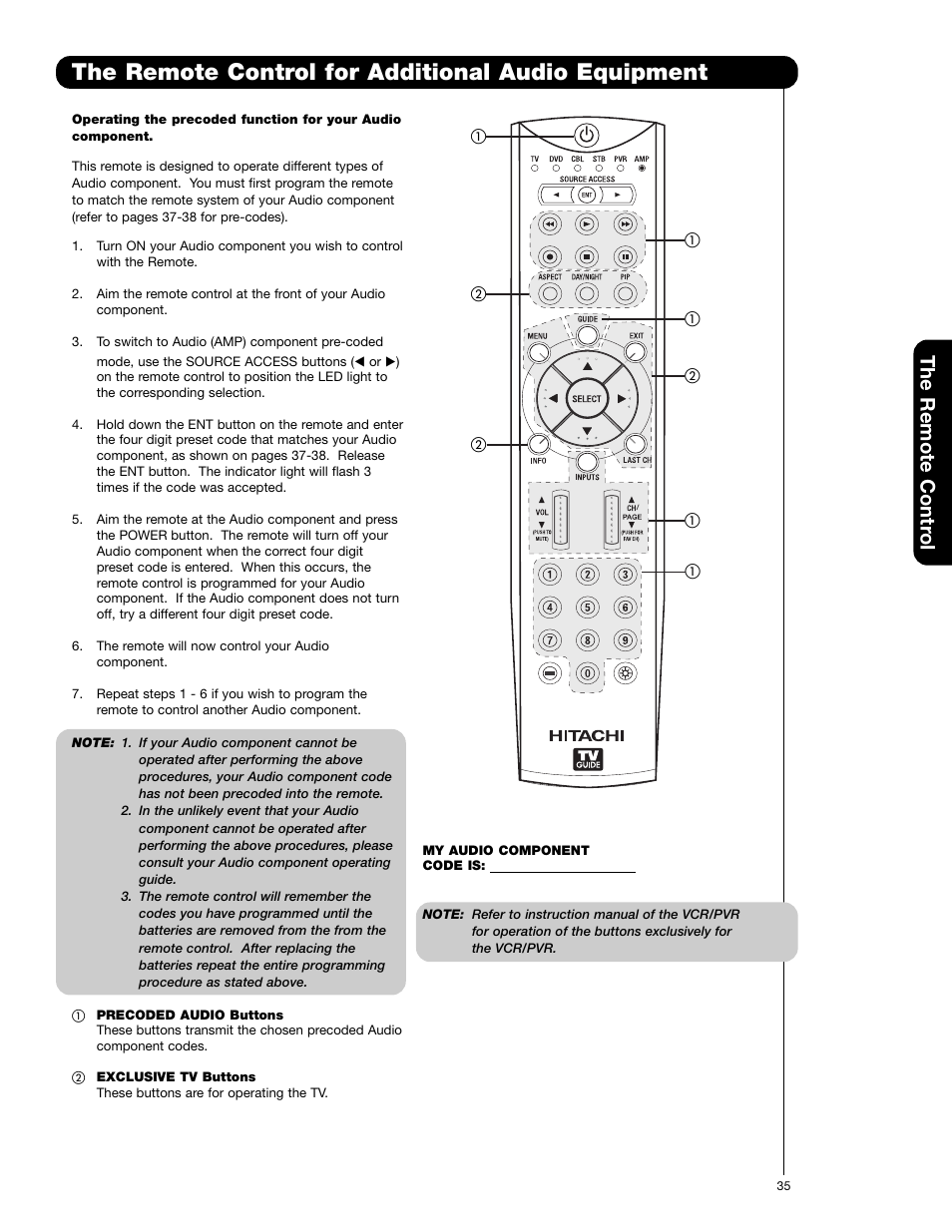 The remote control for additional audio equipment, The remote contr o l | Hitachi 50VG825 User Manual | Page 35 / 104