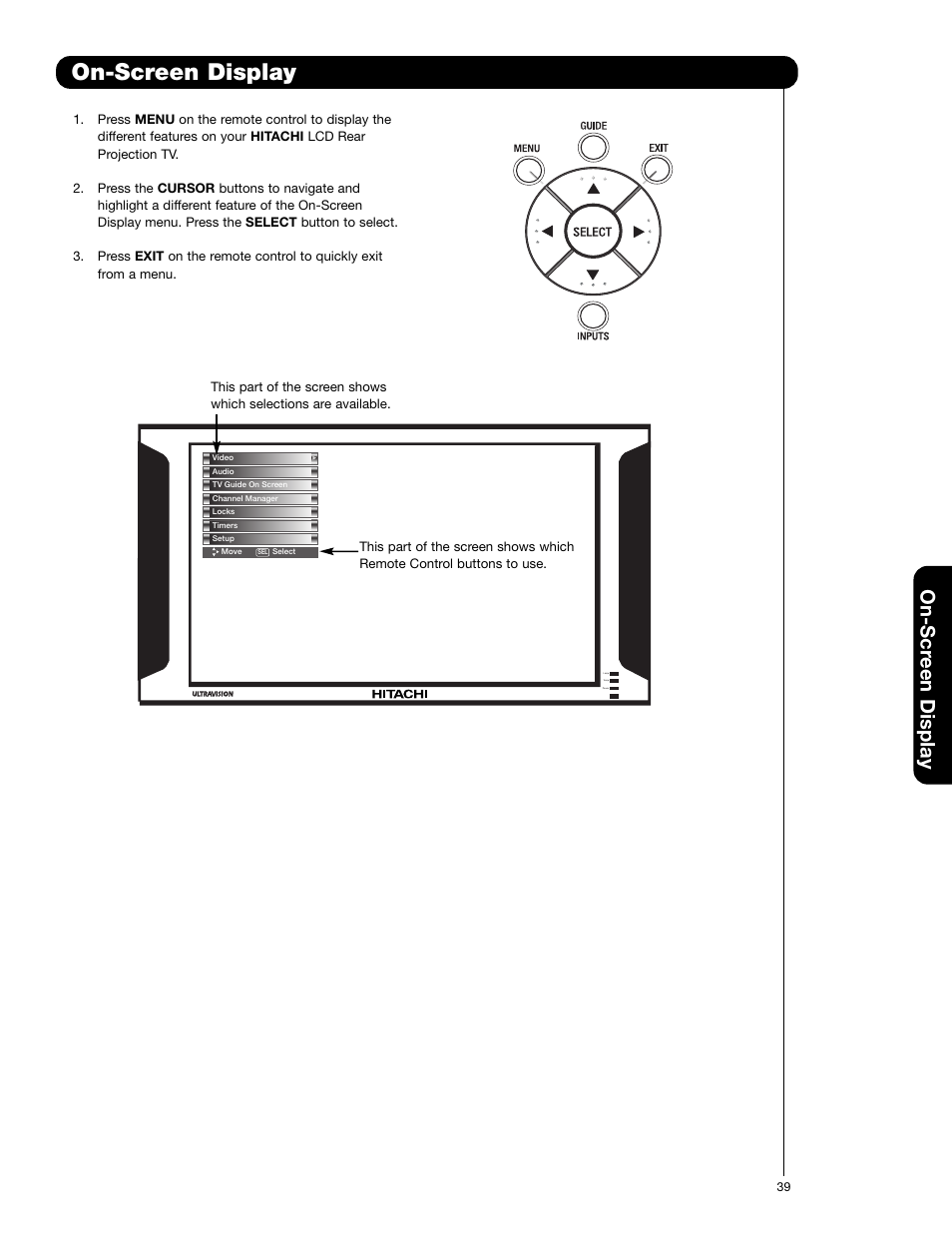 On-screen display, On-scr een display | Hitachi 50VG825 User Manual | Page 39 / 104