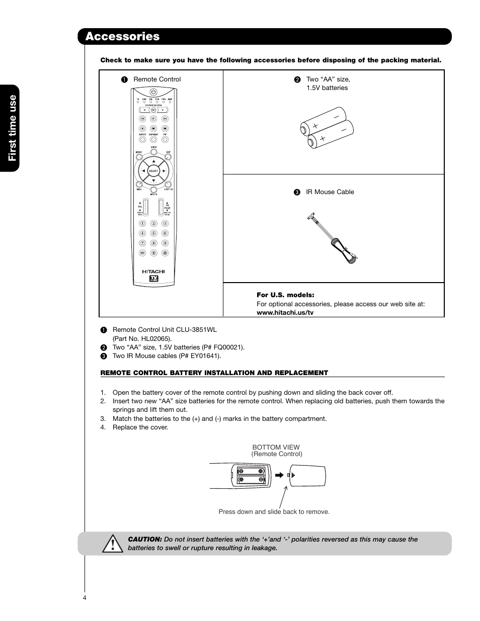Accessories, First time use | Hitachi 50VG825 User Manual | Page 4 / 104