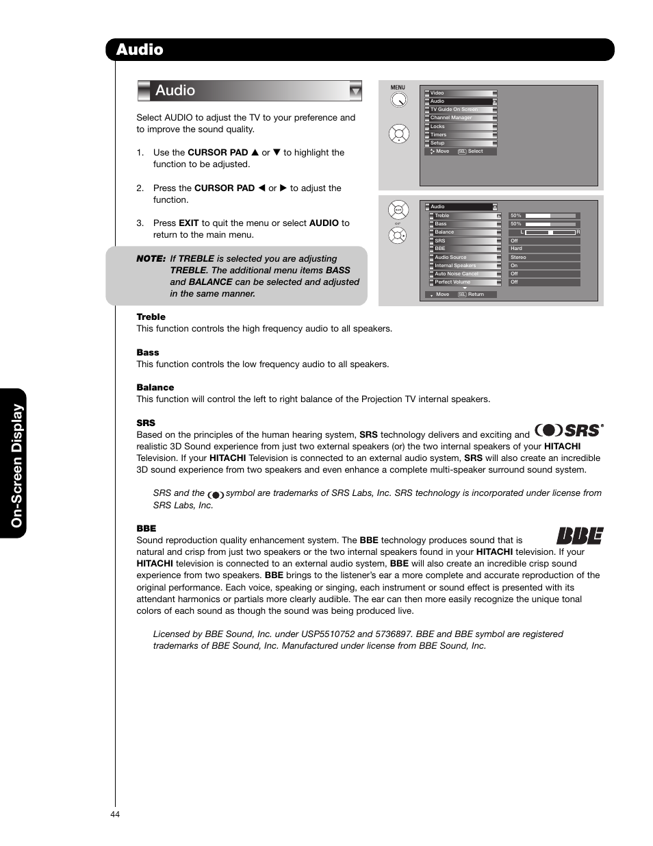 Audio, On-scr een display | Hitachi 50VG825 User Manual | Page 44 / 104