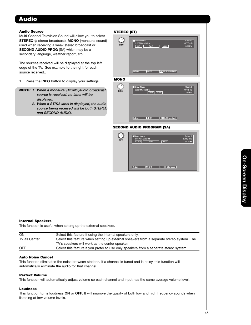 Audio, On-scr een display, Stereo (st) mono second audio program (sa) | Hitachi 50VG825 User Manual | Page 45 / 104