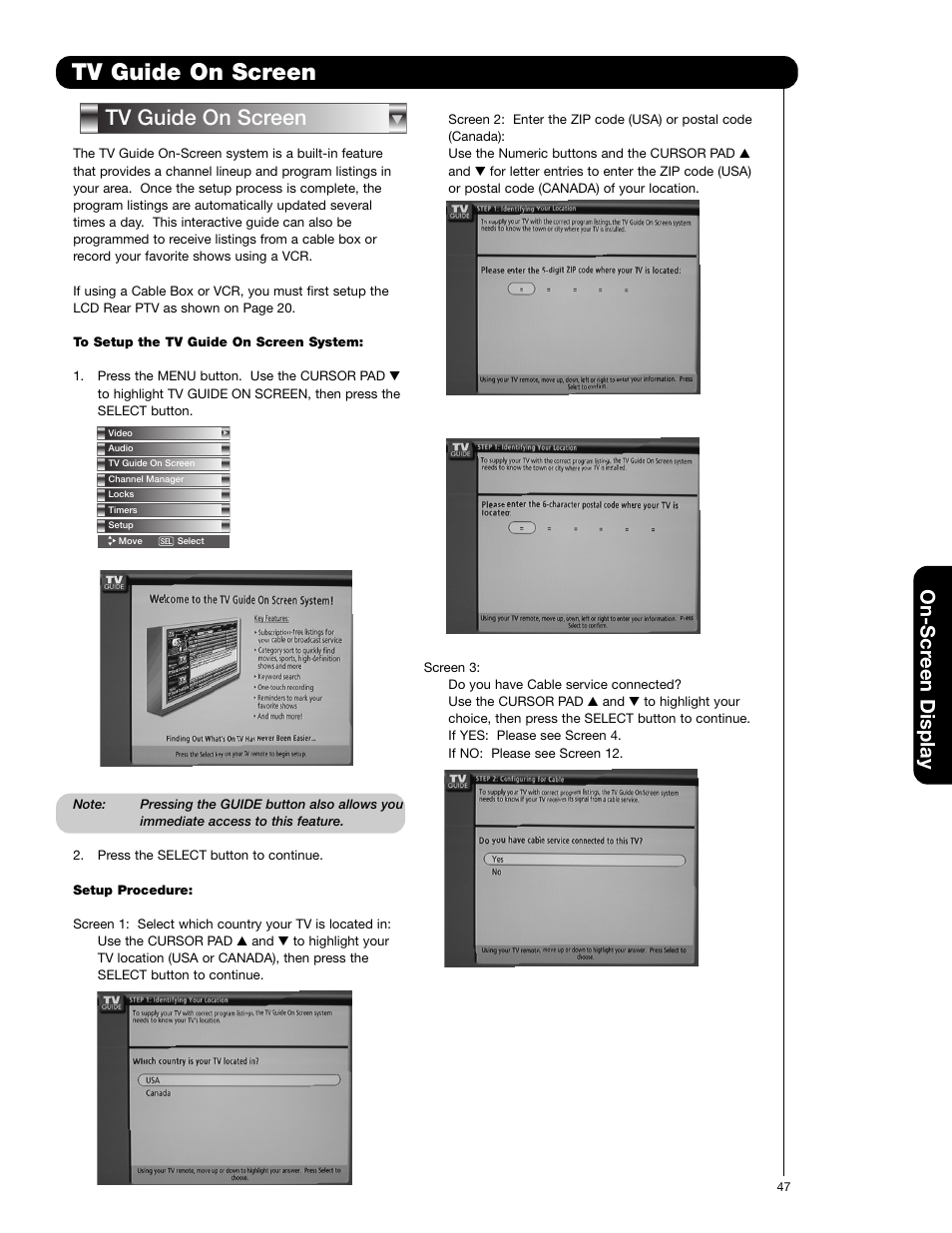 Tv guide on screen, On-scr een display | Hitachi 50VG825 User Manual | Page 47 / 104