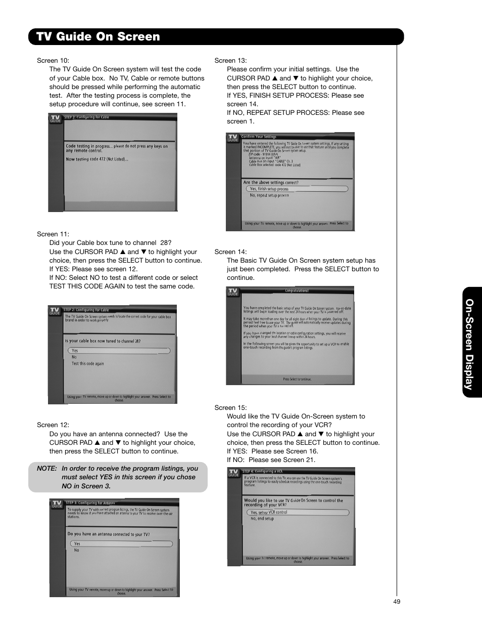 Tv guide on screen, On-scr een display | Hitachi 50VG825 User Manual | Page 49 / 104