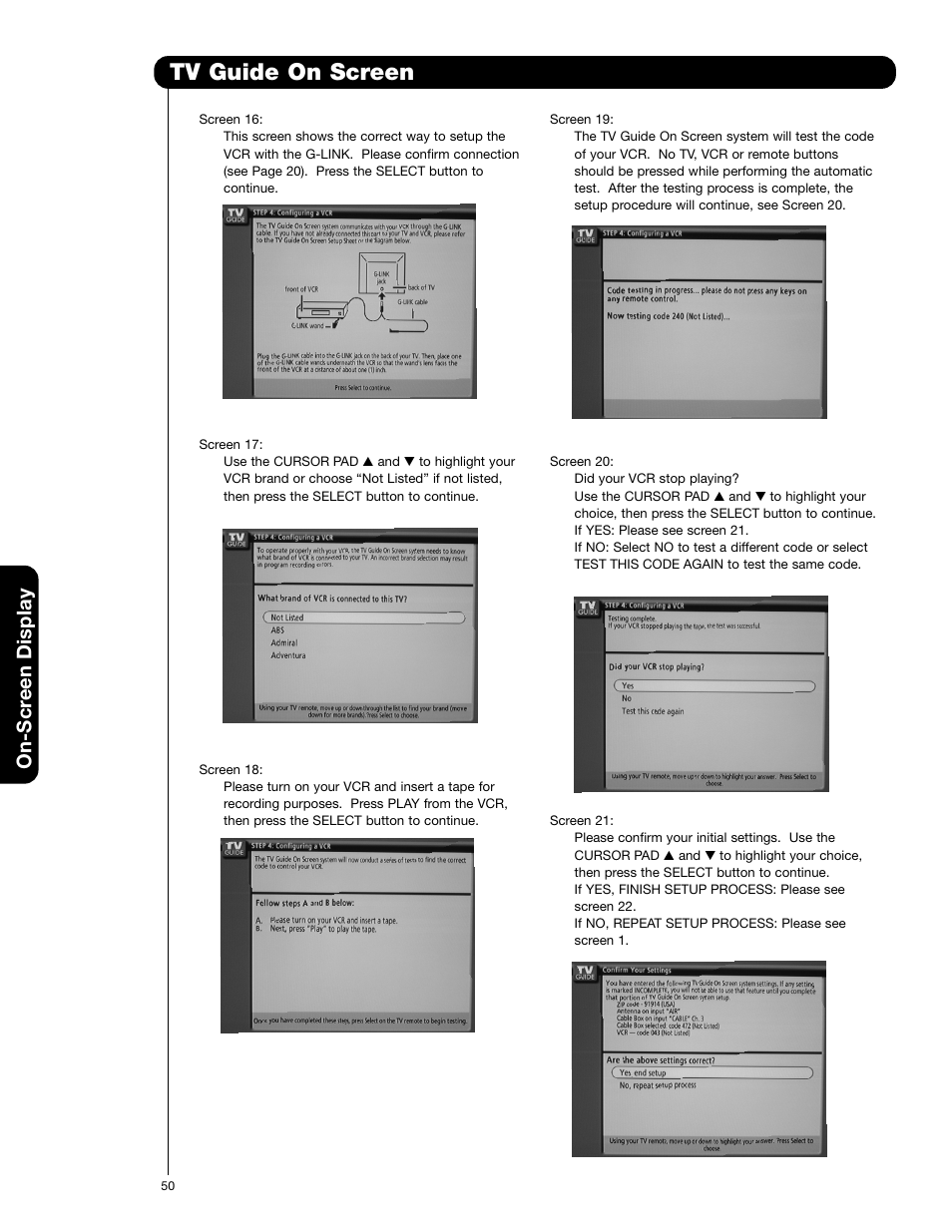 Tv guide on screen, On-scr een display | Hitachi 50VG825 User Manual | Page 50 / 104