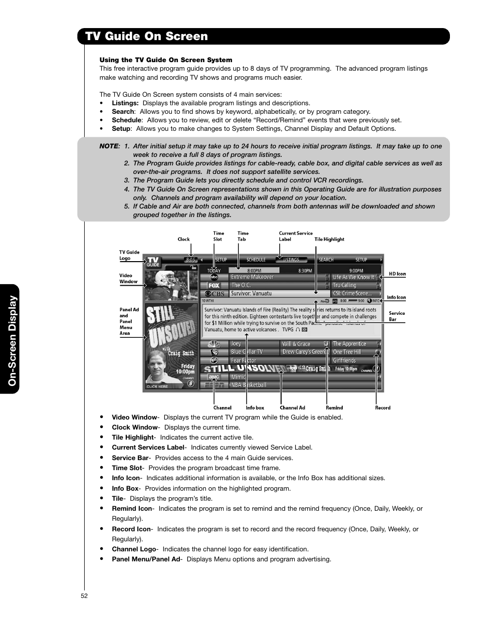 Tv guide on screen, On-scr een display | Hitachi 50VG825 User Manual | Page 52 / 104