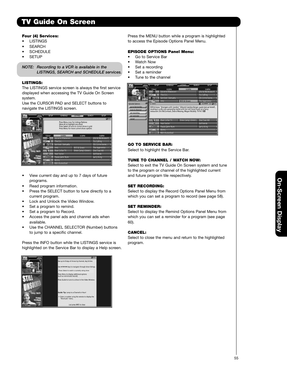 Tv guide on screen, On-scr een display | Hitachi 50VG825 User Manual | Page 55 / 104