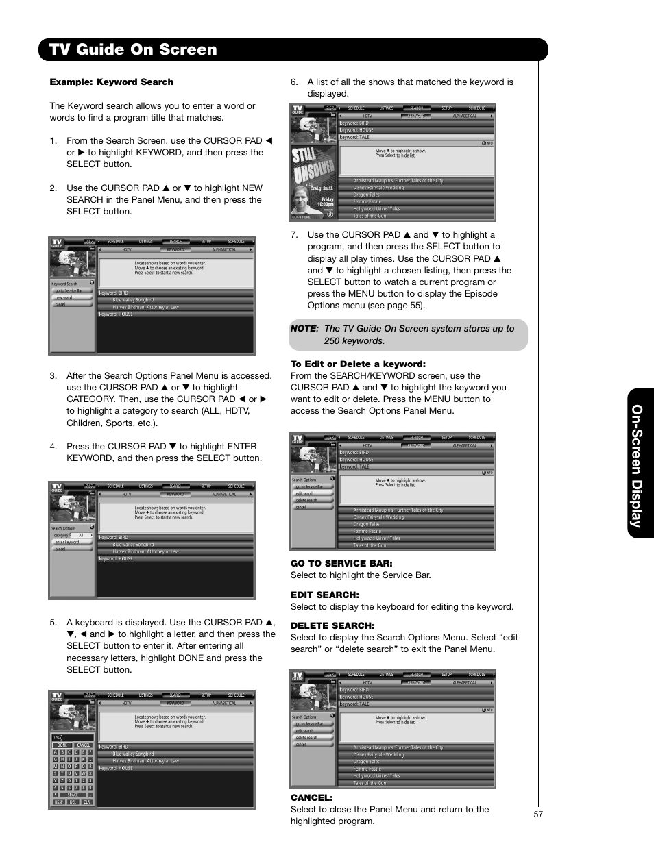 Tv guide on screen, On-scr een display | Hitachi 50VG825 User Manual | Page 57 / 104