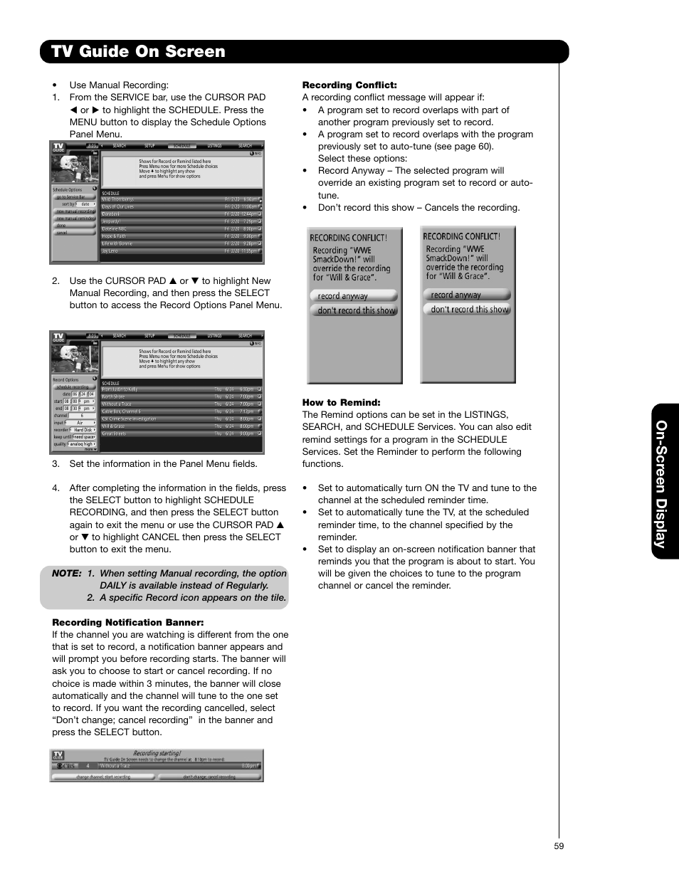 Tv guide on screen, On-scr een display | Hitachi 50VG825 User Manual | Page 59 / 104