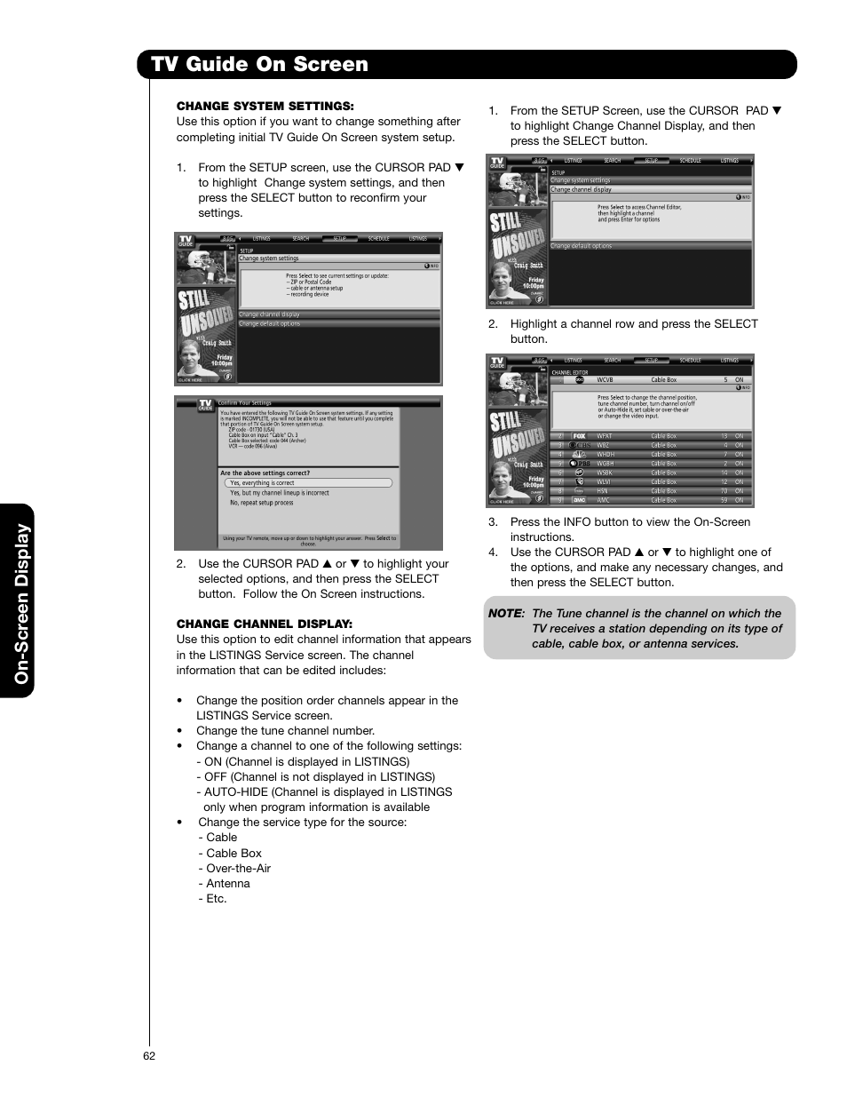 Tv guide on screen, On-scr een display | Hitachi 50VG825 User Manual | Page 62 / 104