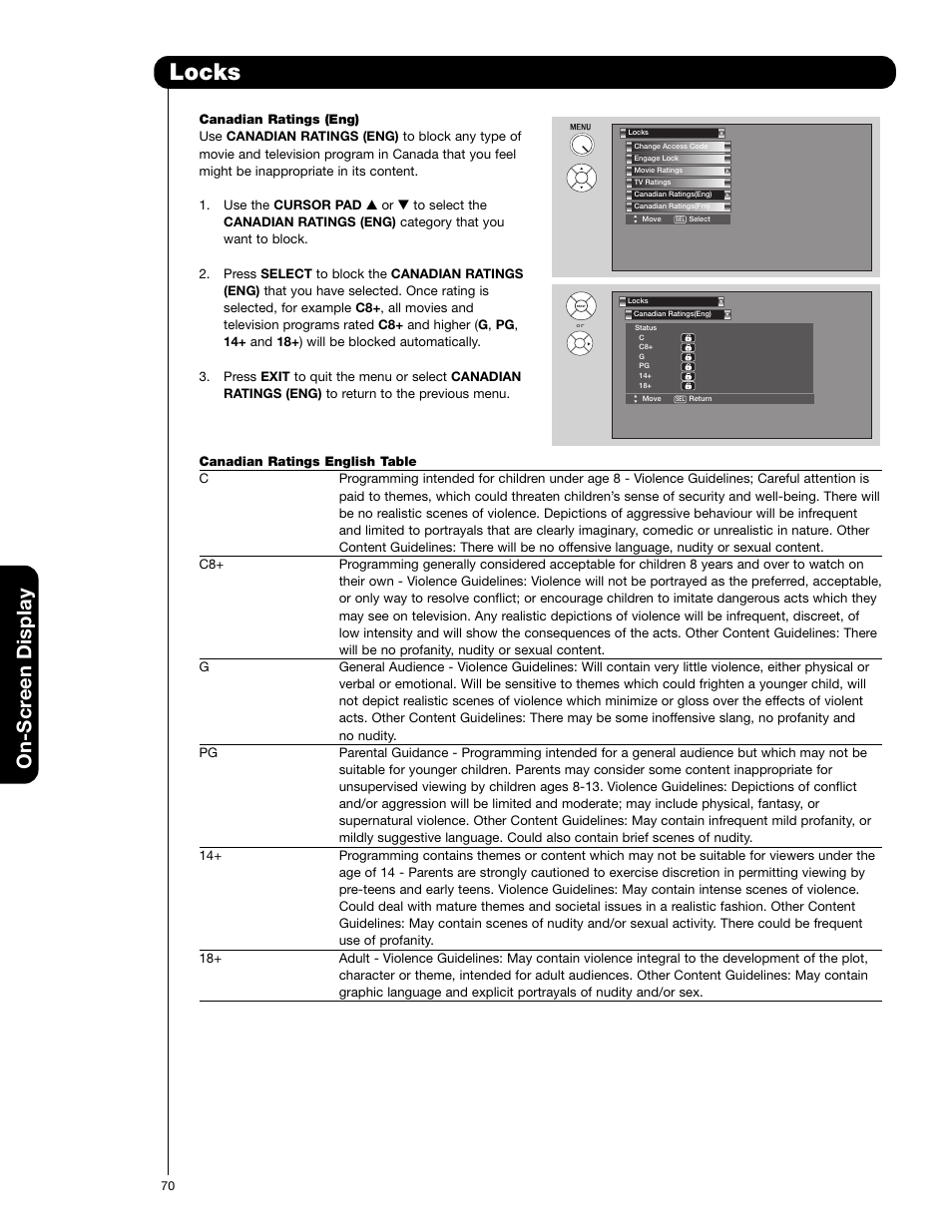 Locks, On-scr een display | Hitachi 50VG825 User Manual | Page 70 / 104
