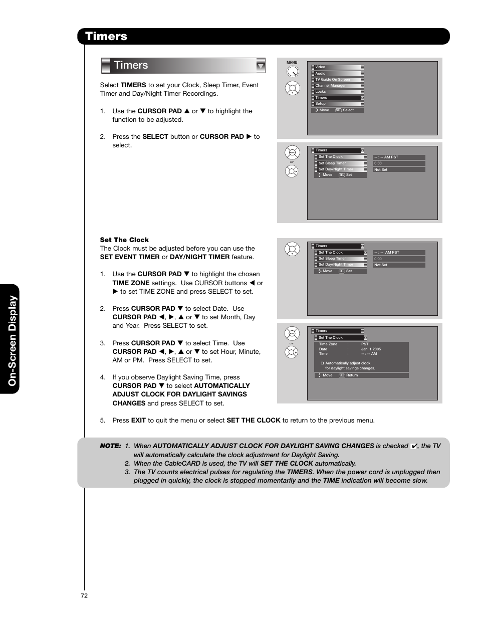 Timers, On-scr een display | Hitachi 50VG825 User Manual | Page 72 / 104