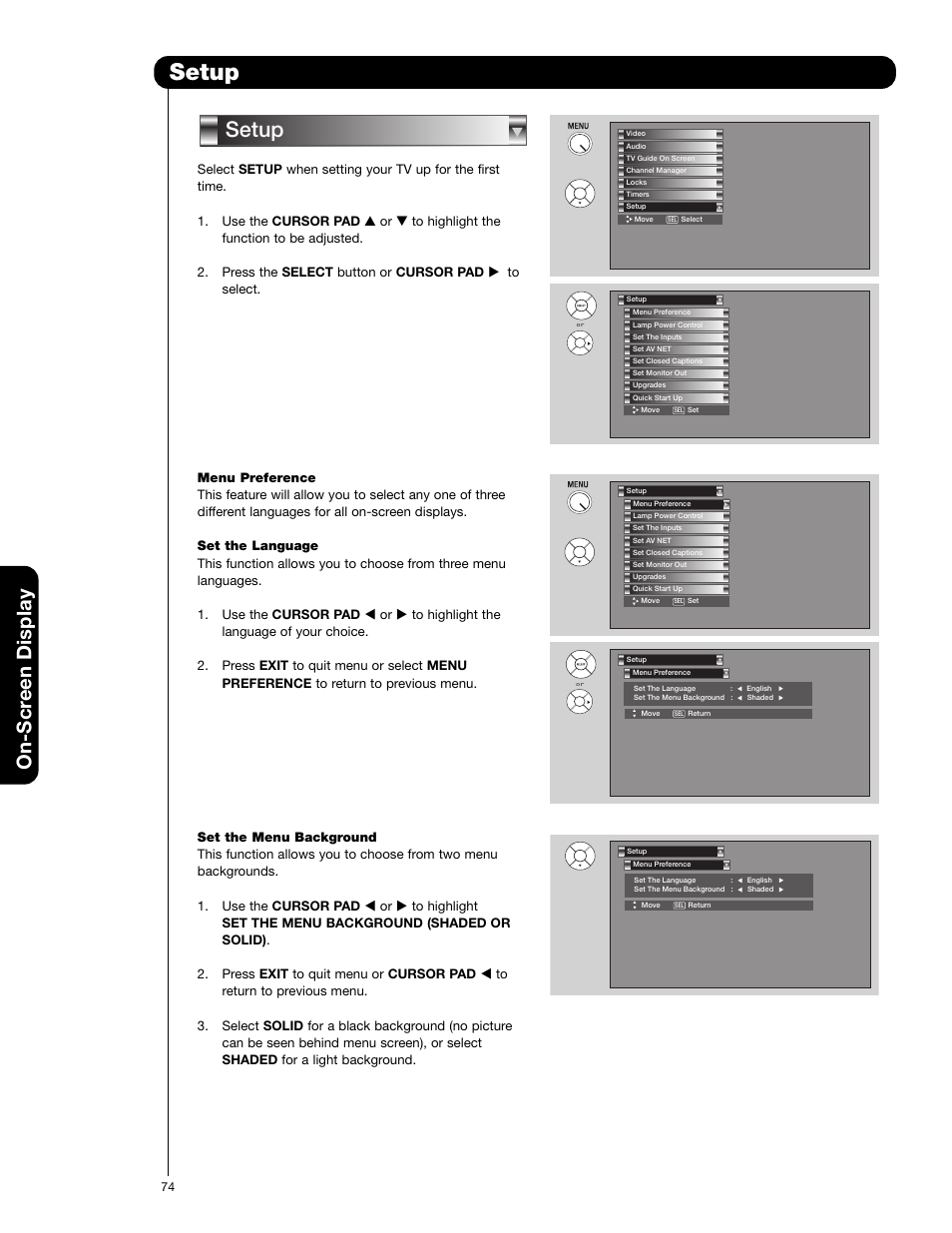 Setup, On-scr een display | Hitachi 50VG825 User Manual | Page 74 / 104