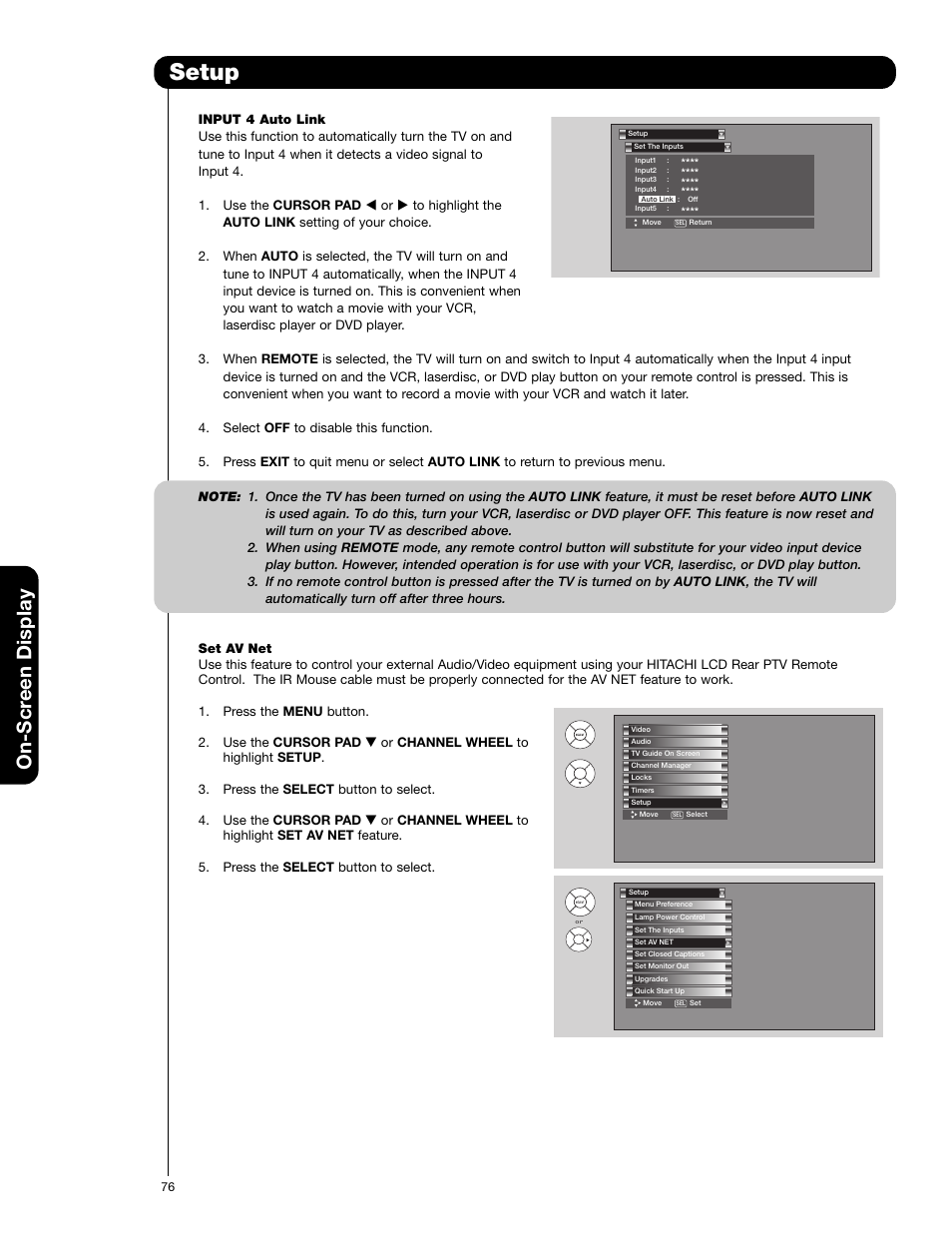 Setup, On-scr een display | Hitachi 50VG825 User Manual | Page 76 / 104