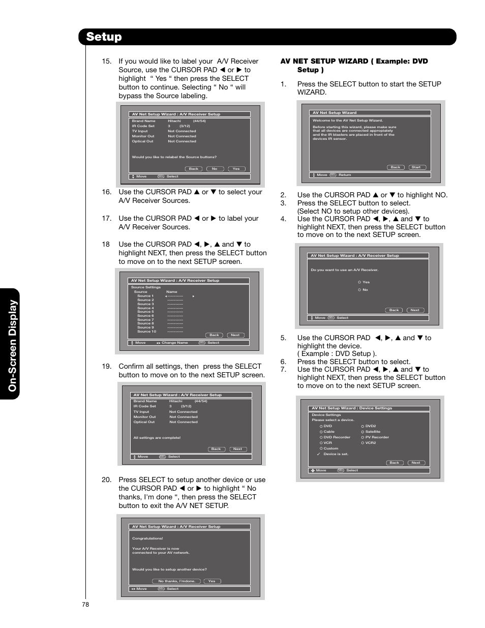 Setup, On-scr een display | Hitachi 50VG825 User Manual | Page 78 / 104